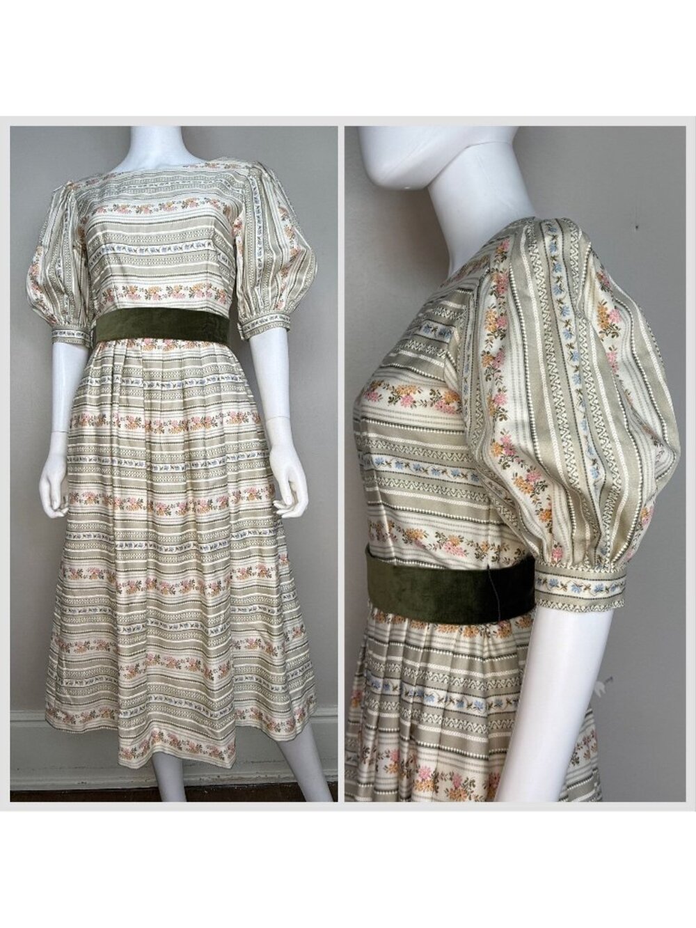 Vintage 1970s/80s Floral Stripe Dress with Big Puff Sleeves, Lanz Size Small